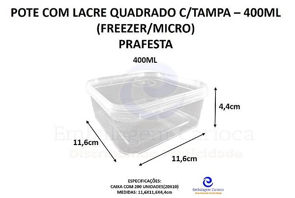 POTE COM LACRE QUADRADO 400ML 10X10 PRAFESTA (FREEZER/MICRO)