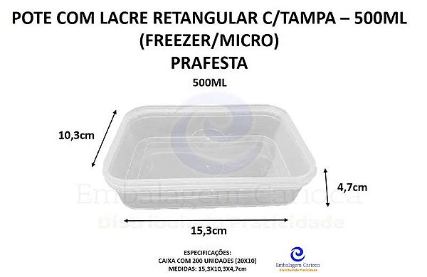 POTE COM LACRE RETANGULAR PP 500ML 20X10 C/TAMPA PRAFESTA (FREEZER/MICRO) KIT