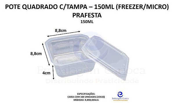 POTE QUADRADO 150ML C/TAMPA CX.15X20 PRAFESTA (FREEZER/MICRO)