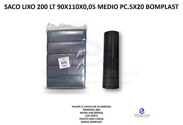 SACO LIXO 200 LT 90X110X0,05 MEDIO PC.5X20 BOMPLAST