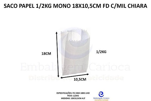 SACO PAPEL 1/2KG MONO 18X10,5CM FD C/MIL CHIARA
