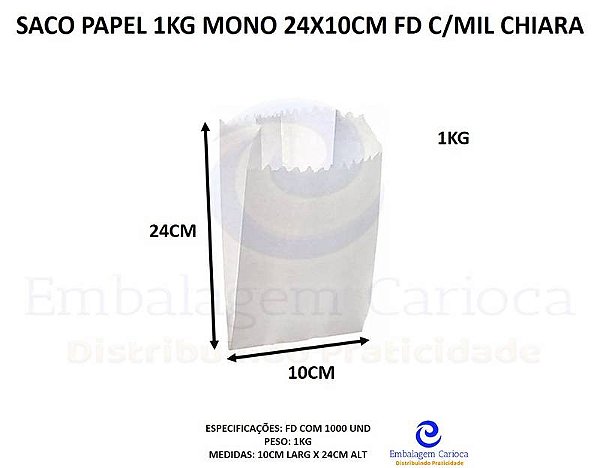 SACO PAPEL 1KG MONO 24X10CM FD C/MIL CHIARA