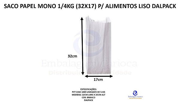 SACO PAPEL MONO 1/4KG (32X17) P/ ALIMENTOS LISO C/ MIL DALPACK