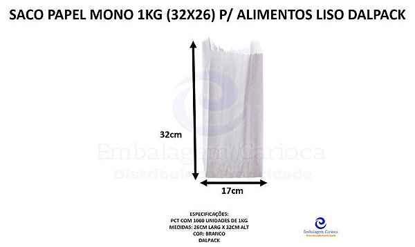 SACO PAPEL MONO 1KG (32X26) P/ ALIMENTOS LISO C/ MIL DALPACK