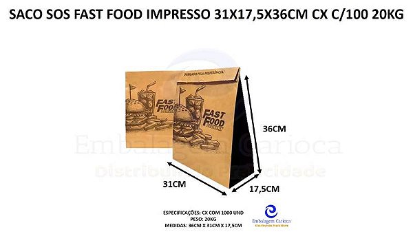 SACO SOS FAST FOOD IMPRESSO 31X17,5X36CM CX C/100 20KG