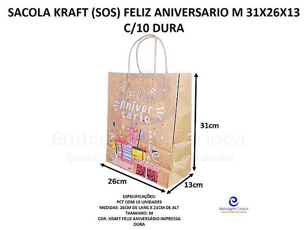 SACOLA KRAFT (SOS) FELIZ ANIVERSARIO M 31X26X13 C/10 DURA