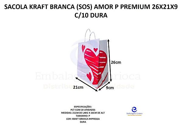 SACOLA KRAFT BRANCA (SOS) AMOR P PREMIUM 26X21X9 C/10 DURA