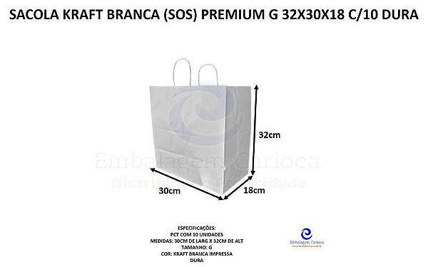 SACOLA KRAFT BRANCA (SOS) PREMIUM G 32X30X18 C/10 DURA