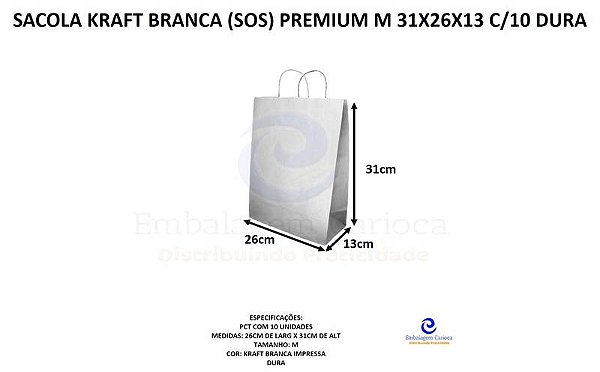 SACOLA KRAFT BRANCA (SOS) PREMIUM M 31X26X13 C/10 DURA