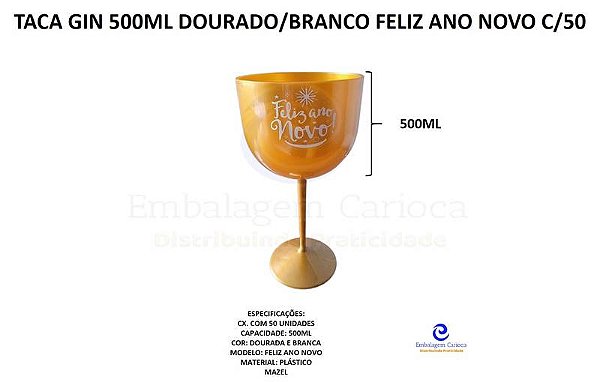 TACA GIN 500ML DOURADO/BRANCO FELIZ ANO NOVO C/50 COD 109 MAZEL