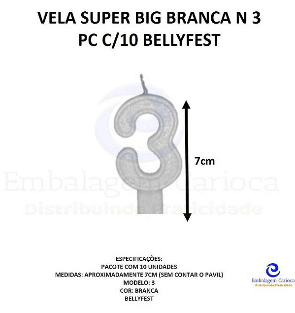 VELA SUPER BIG BRANCA N 3 PC C/10 BELLYFEST