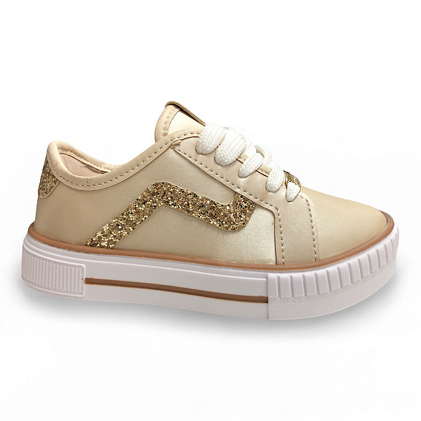 Tênis Menina Infantil Molekinha Casual - 2565.109 - Creme-Dourado