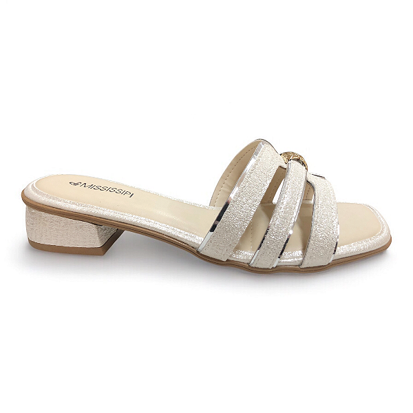 Tamanco Feminino Mississipi Salto Baixo - MF891 - Gelo-Prata