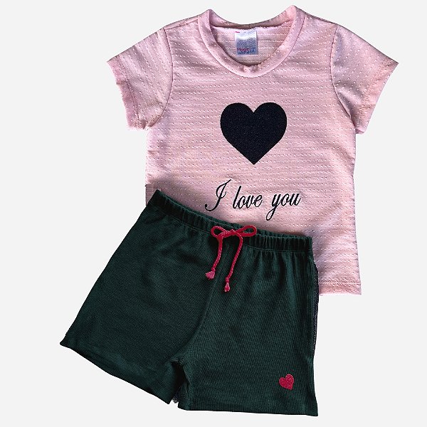 Conjunto Infantil de Menina Coração com Bordado e Aplique