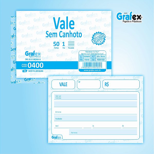 Grafex Cod 0400 Vale Sem Canhoto c/50 Folhas 1/72​ - c/10 Blocos
