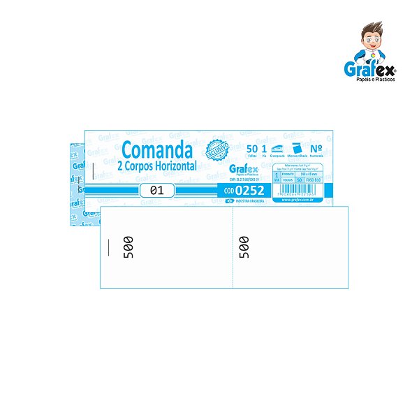 Grafex Cod 0252 - Comanda 2 Corpos Horizontal c/50 Folhas 1/54​ - c/10 Blocos