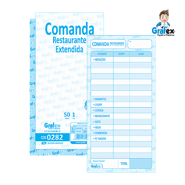 Grafex Cod 0282 Comanda Restaurante Estendida c/50 Folhas 1/48​ - c/10 Blocos