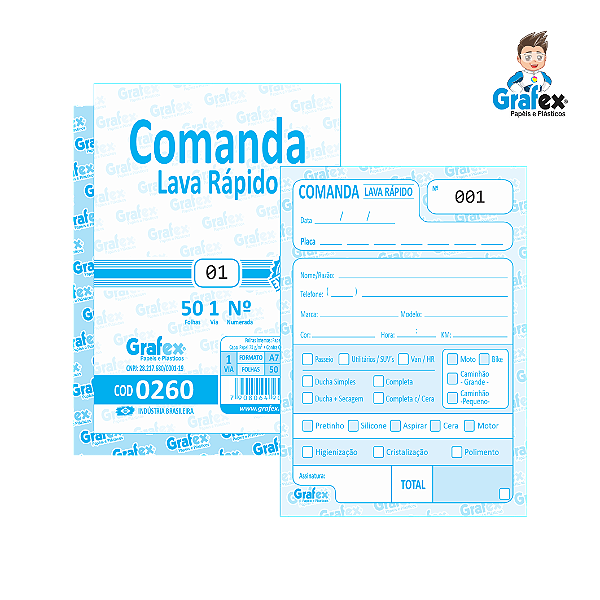 Grafex Cod 0260 Comanda Lava Rápido c/50 Folhas 1/72​ - c/10 Blocos