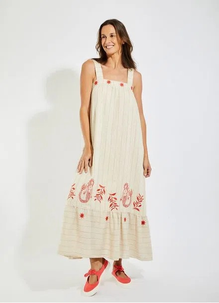 VESTIDO LISTRA RUSTICA BORDADO SEREIA - CANTAO