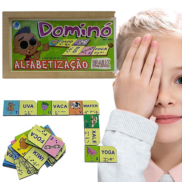 Dominó de Alfabetização Braille Brinquedo Infantil em Madeira