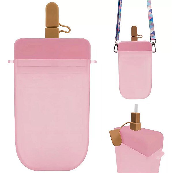 Garrafa de Agua Silicone Compacta Picole com Adesivos 300 ml