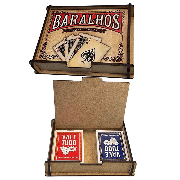 Caixa de Madeira com 2 Baralhos 55 Cartas Truco Poker Buraco