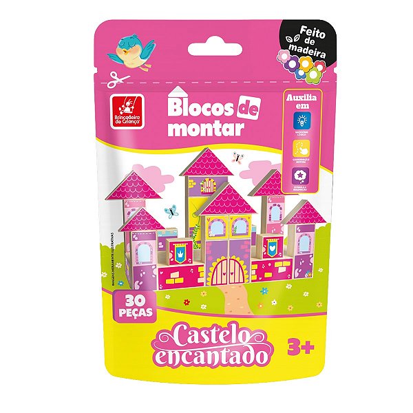 Blocos de Montar Castelo Encantado em Madeira – 30 Peças Educativas – Brinquedo Infantil 3+