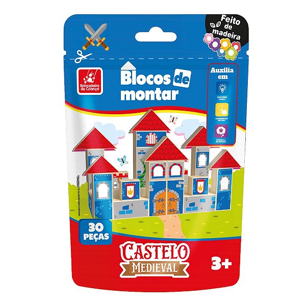 Blocos de Montar Castelo Medieval – Madeira – 30 Peças – Educativo 3+
