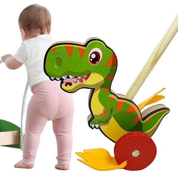 Brinquedo Educativo de Empurrar Dino Rola Coordenação Motora em MDF