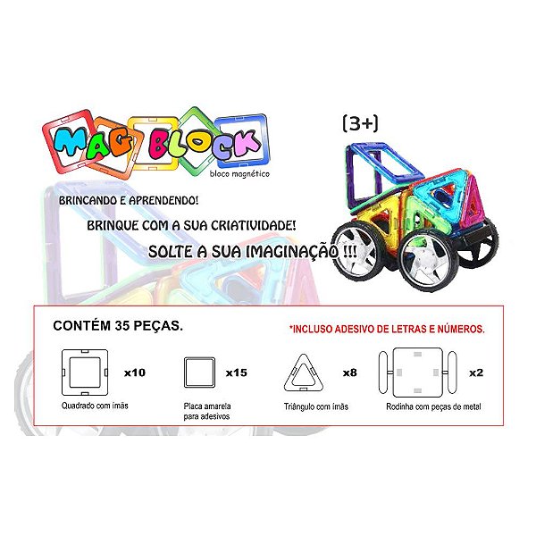 Blocos Magnéticos Mag Block Brinquedo Educativo - 35 peças