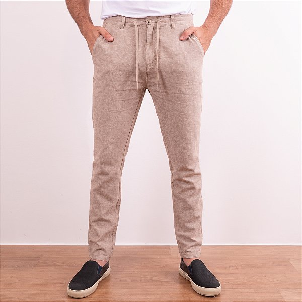 Calça Linho Cós Elástico Com Cordão Masculina