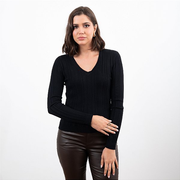 Blusa Tricot Decote V Canelada Feminina