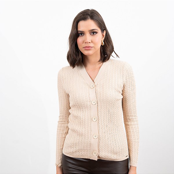 Casaco Tricot Decote V Com Tranças Feminina