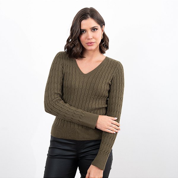 Blusa Tricot Decote V Com Trança Feminina