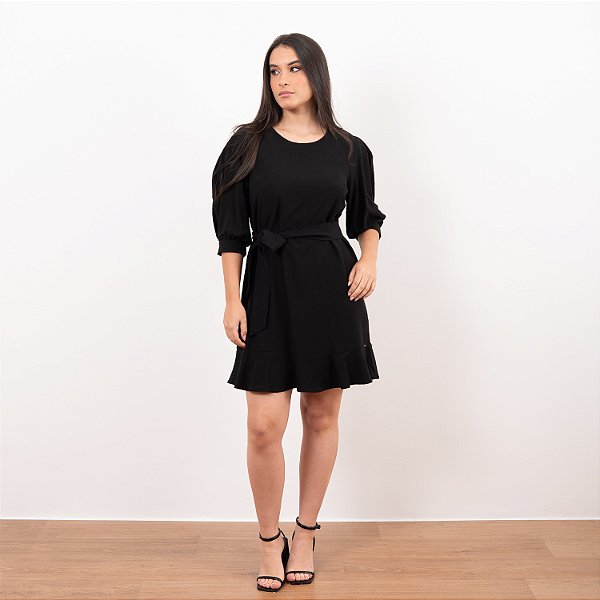 Vestido Curto Babado Mangas Com Pregas