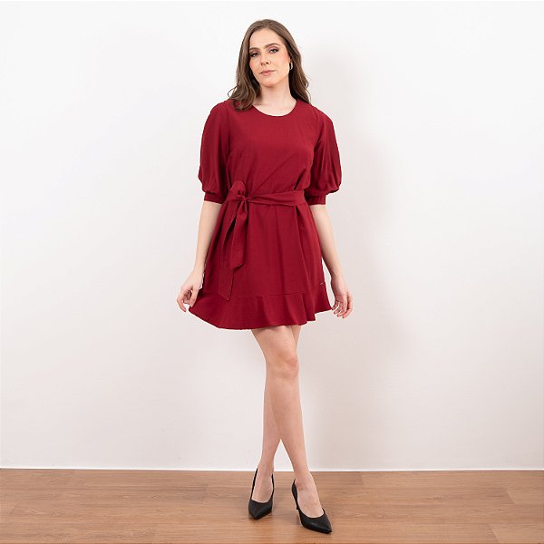 Vestido Curto Babado Mangas Com Pregas