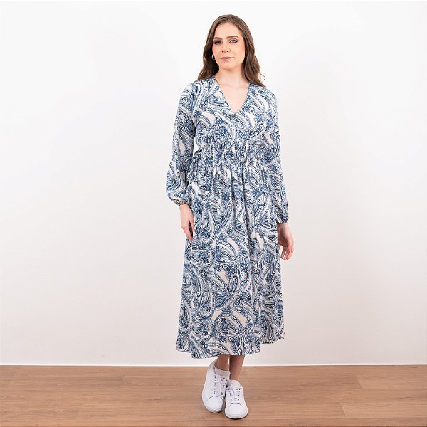 Vestido Manga Longa Acinturado Com Estampa