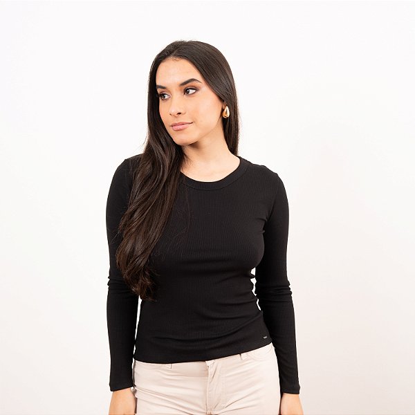 Blusa Rib Manga Longa Decote Redondo Feminina