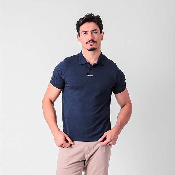 Polo Em Cotton Com Detalhe Listrado Masculina