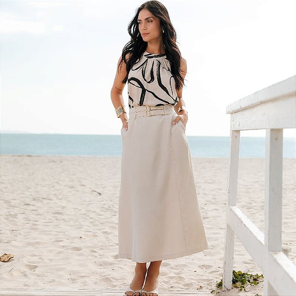 Saia Midi Com Bolsos Faixas Com Fivela