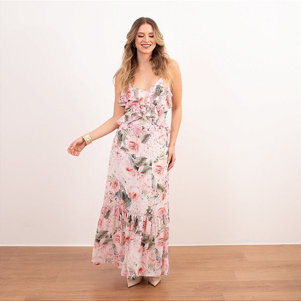 Vestido Midi Em Crepe Floral Com Babados