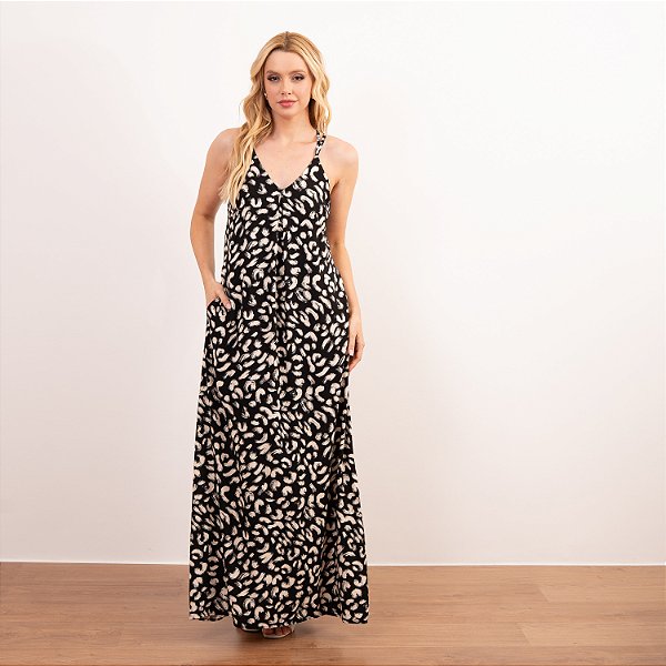 Vestido Longo Estampado Em Viscose Com Alça E Prega