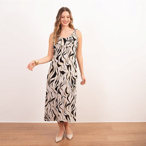 Vestido Midi Com Babado No Decote E Amarração Na Alça