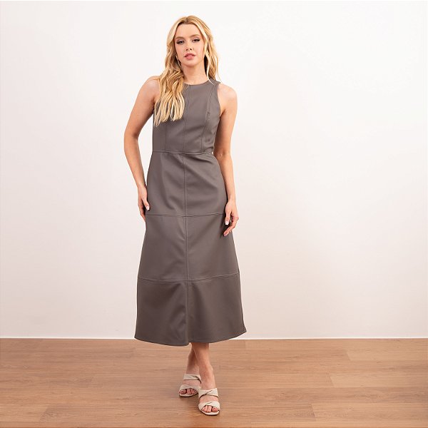 Vestido Midi Em Pu Com Recortes