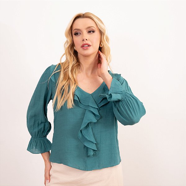 Blusa Decote V Com Babados E Elástico Na Manga Feminina