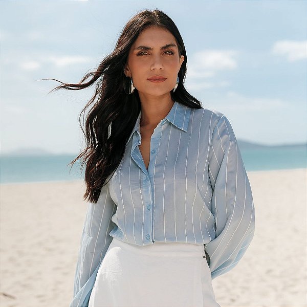 Camisa Riscas Textura Manga Longa Feminina
