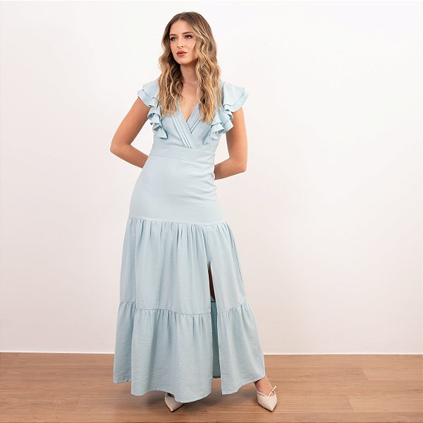 Vestido Longo Com Babados E Decote Com Pregas