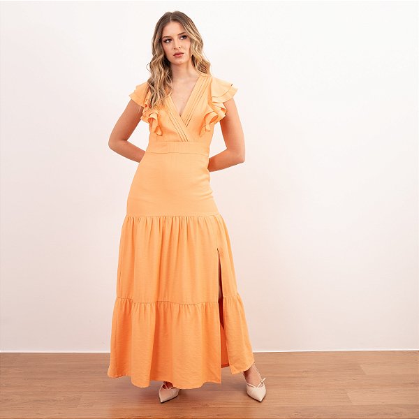 Vestido Longo Com Babados E Decote Com Pregas