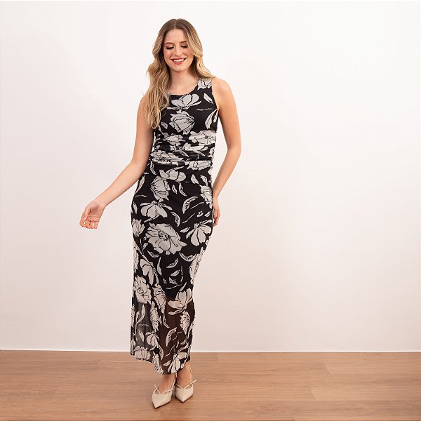 Regata Em Tule Estampado Com Franzido Feminina