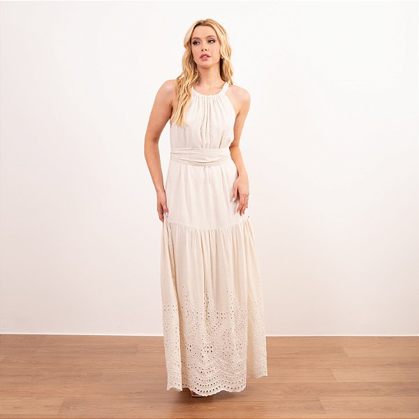 Vestido Longo Com Faixa E Barra Laise Bordado